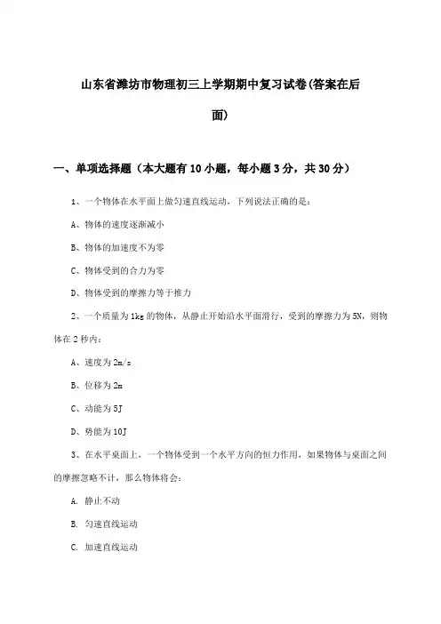 山东省潍坊市物理初三上学期期中试卷及解答参考