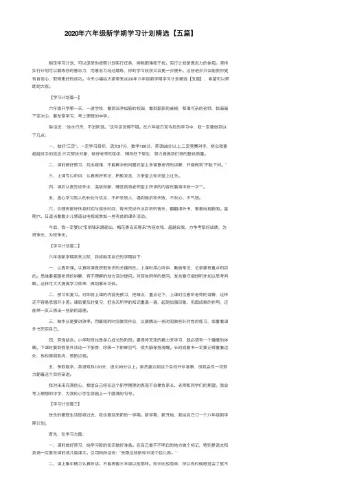 2020年六年级新学期学习计划精选【五篇】
