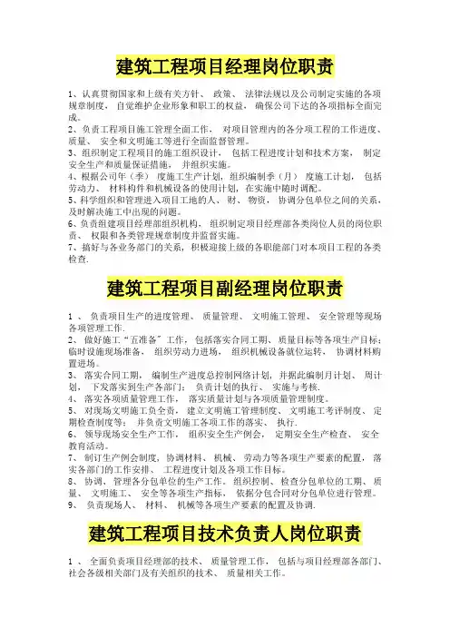 建筑工程项目经理部最新岗位职责大全
