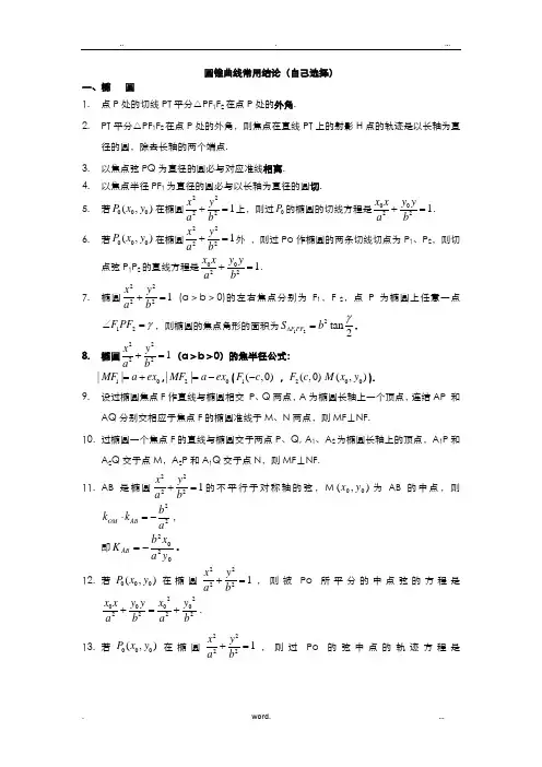 圆锥曲线常用结论