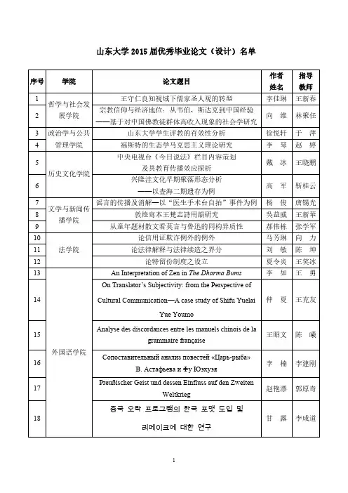 【VIP专享】山东大学2015届优秀毕业论文(设计)名单