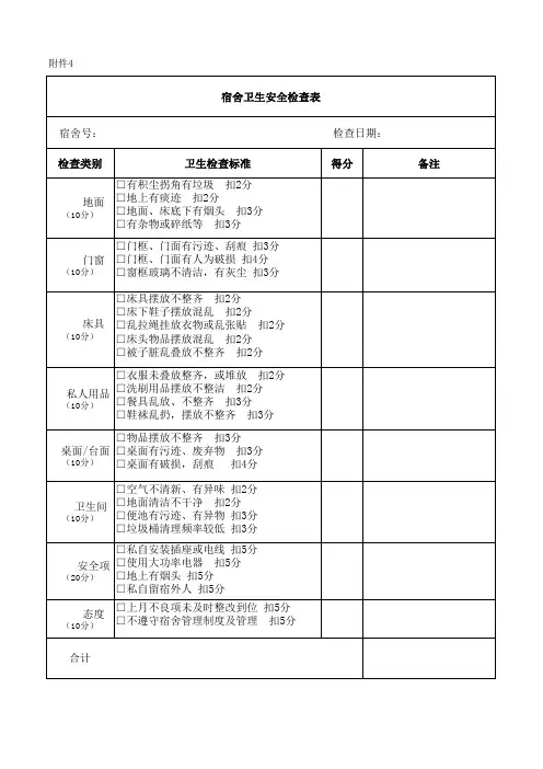 宿舍卫生安全检查表