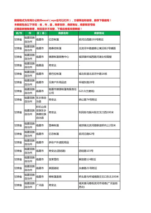 2020新版甘肃省临夏回族自治州户外用品工商企业公司商家名录名单联系电话号码地址大全17家