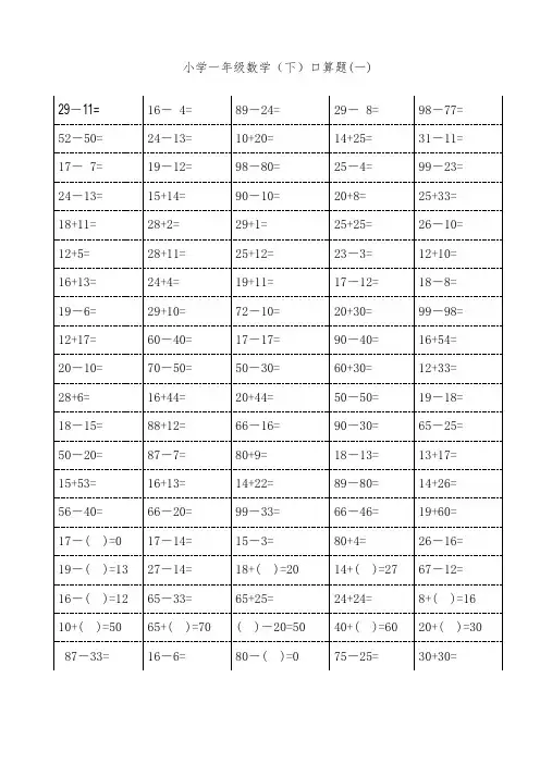 100以内加减法口算题卡-——打印表格格式修正版(小学一年级下册数学18页)