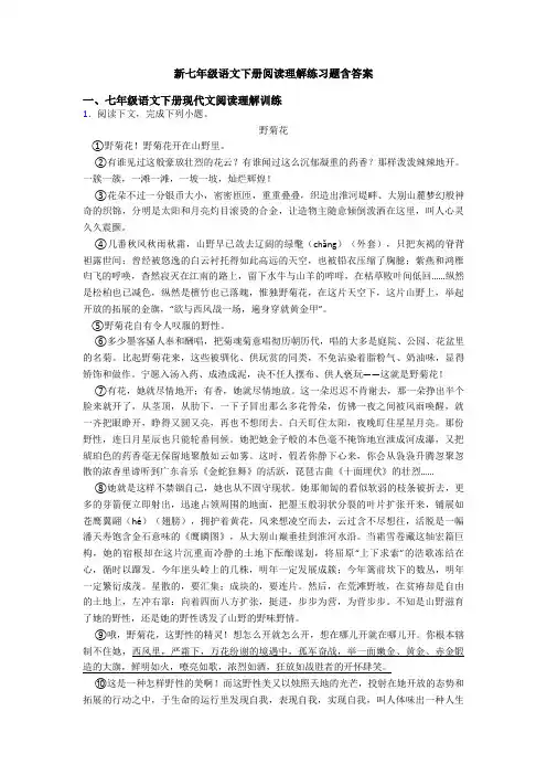 新七年级语文下册阅读理解练习题含答案