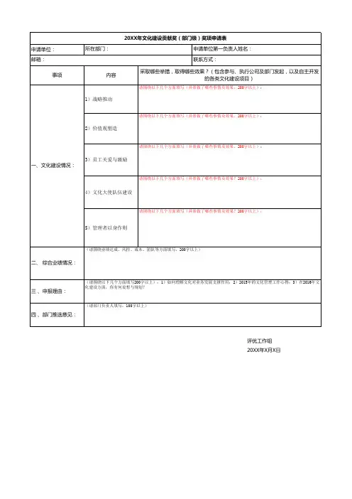 文化建设贡献奖(部门级)奖项申请表