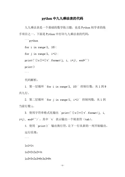 python中九九乘法表的代码