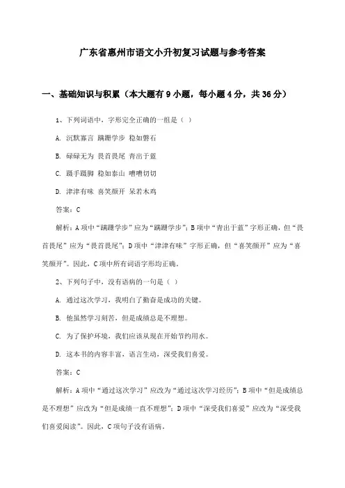 广东省惠州市小升初语文复习试题与参考答案