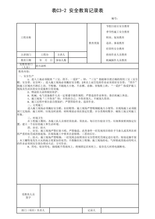 安全教育记录表-防火涂料