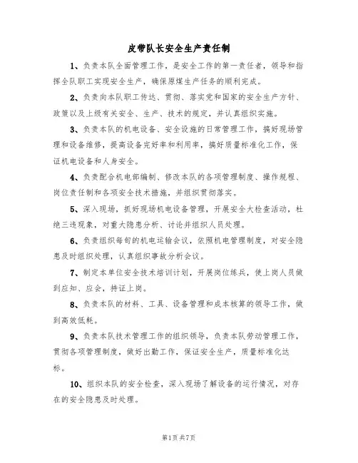 皮带队长安全生产责任制（5篇）