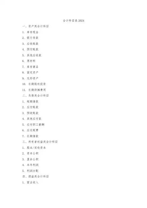 会计科目表2024