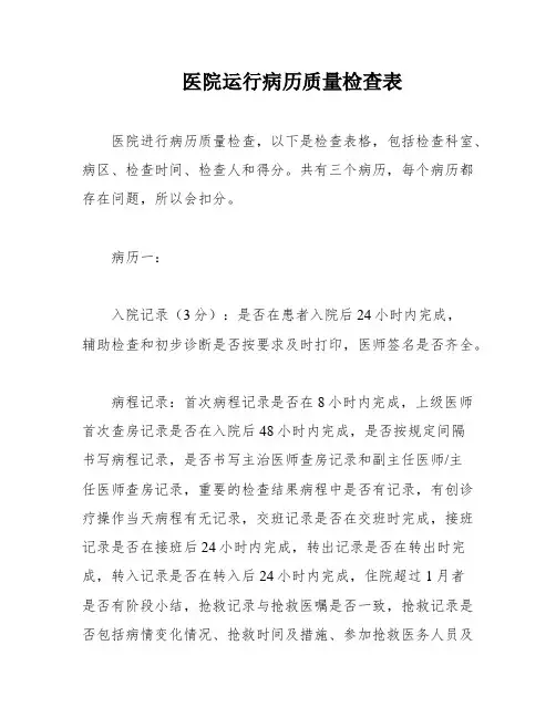 医院运行病历质量检查表