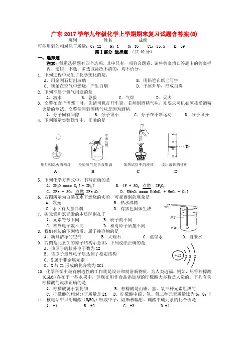 广东2017学年九年级化学上学期期末复习试题8含答案