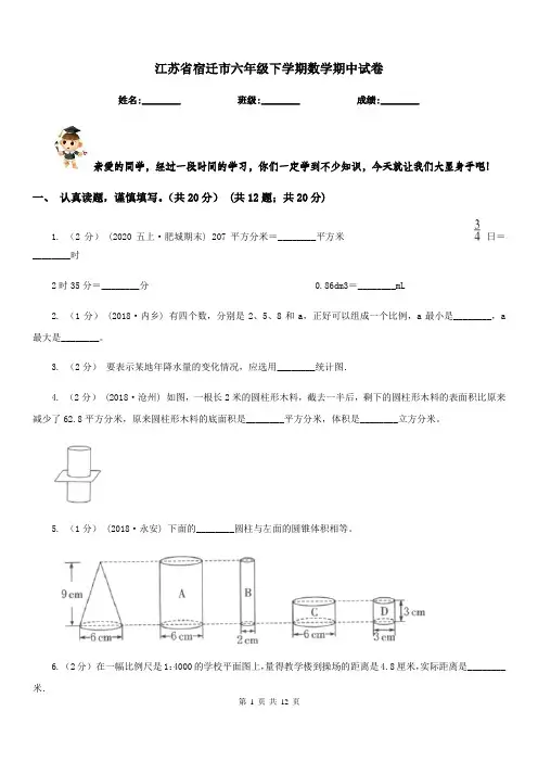 江苏省宿迁市六年级下学期数学期中试卷