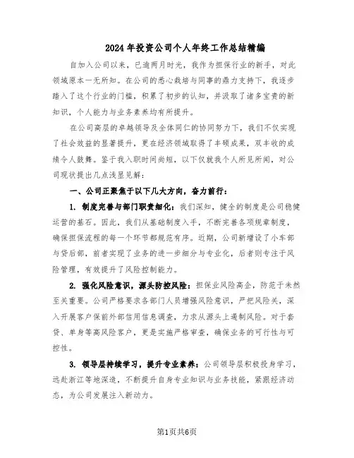 2024年投资公司个人年终工作总结精编（3篇）