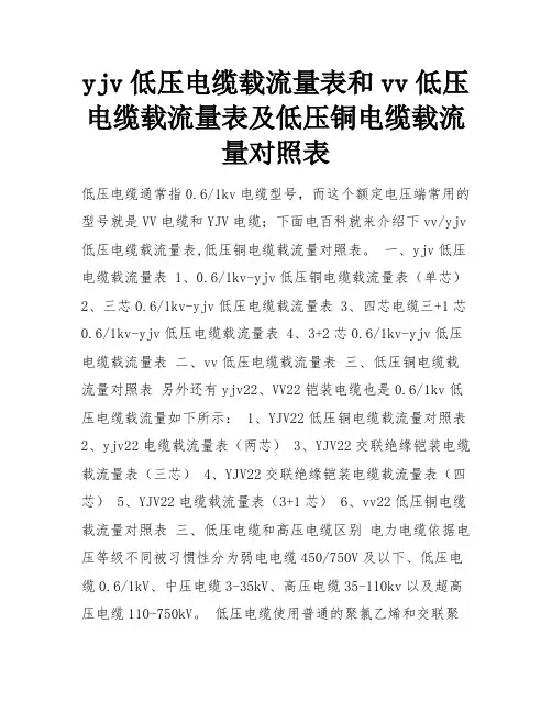 yjv低压电缆载流量表和vv低压电缆载流量表及低压铜电缆载流量对照表