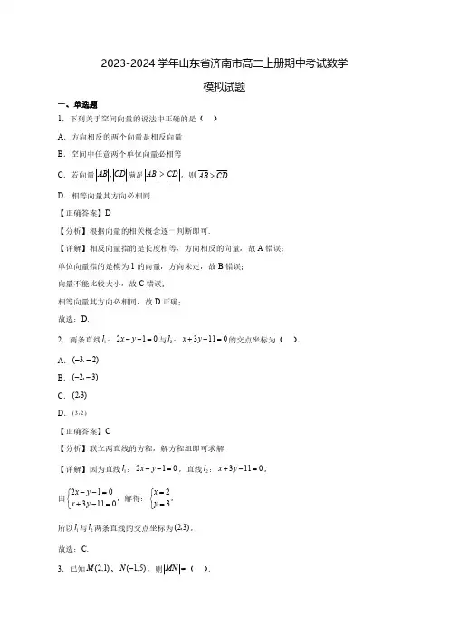 2023-2024学年山东省济南市高二上学期期中数学质量检测模拟试题(含解析)