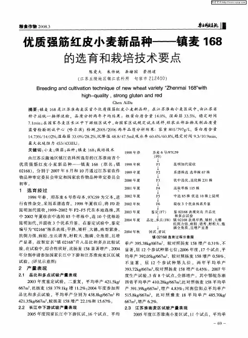 优质强筋红皮小麦新品种——镇麦168的选育和栽培技术要点