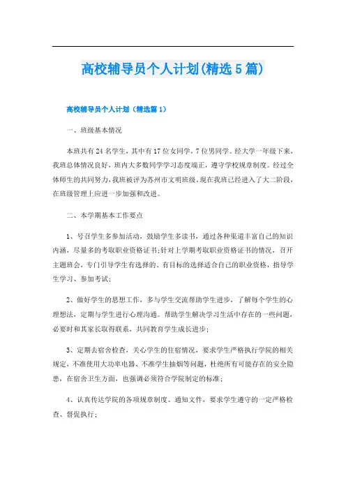高校辅导员个人计划(精选5篇)