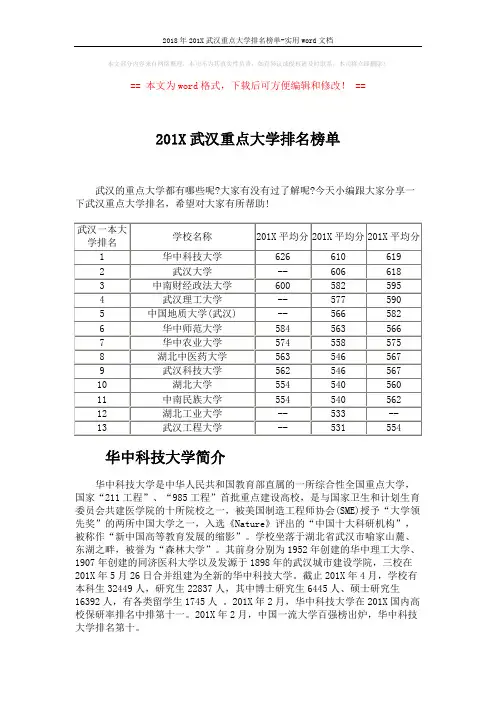 2018年201X武汉重点大学排名榜单-实用word文档 (2页)