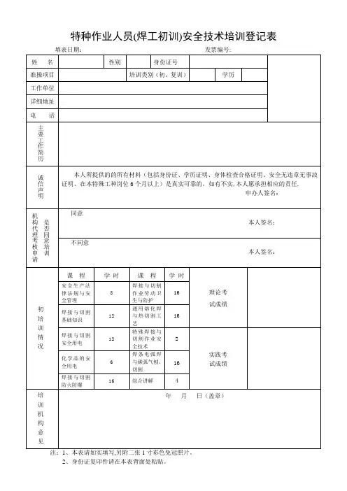 特种作业人员初训表格