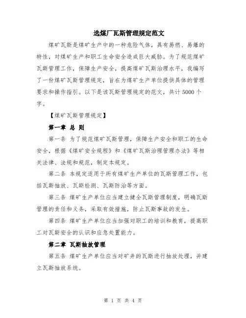选煤厂瓦斯管理规定范文