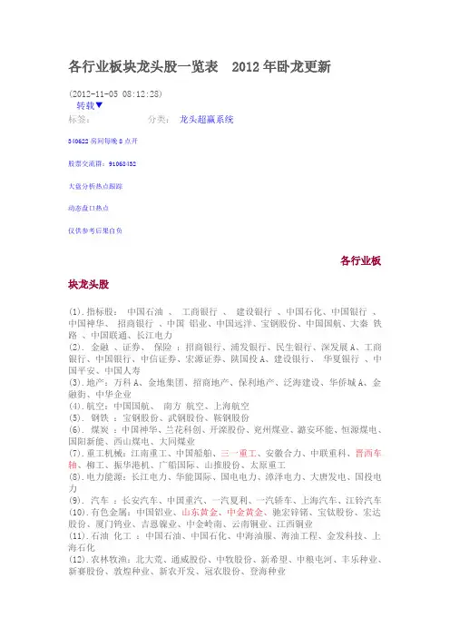 各行业板块龙头股一览表