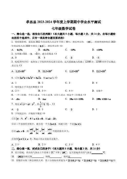 湖北省孝感市孝昌县2023-2024学年七年级上学期期中学业水平测试数学试卷(含答案)