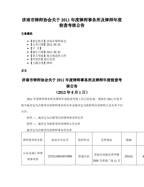 济南市律师协会关于2011年度律师事务所及律师年度检查考核公告