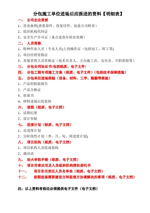 分包施工单位进场后应报送的资料【明细表】【范本模板】