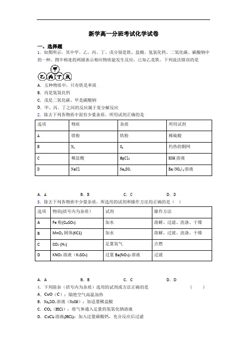 新学高一分班考试化学试卷