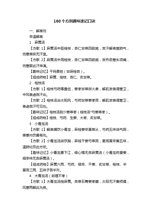 160个方剂趣味速记口诀