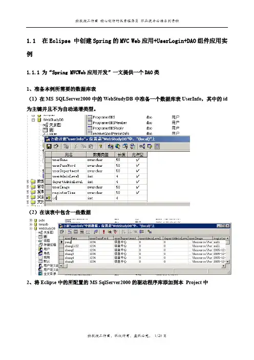 通过代码实例跟我学Spring从入门到精通—在Eclipse 中创建Spring的MVC Web应用+UserLogin+DAO组件应用实例