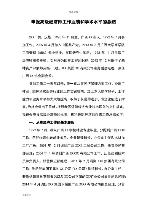 申报高级经济师工作业绩和学术水平地总结材料百度