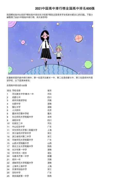 2021中国高中排行榜全国高中排名600强