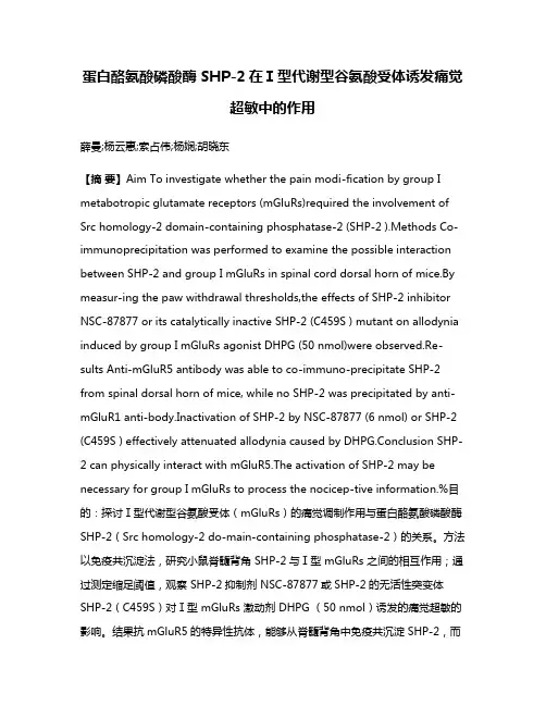 蛋白酪氨酸磷酸酶 SHP-2在Ⅰ型代谢型谷氨酸受体诱发痛觉超敏中的作用