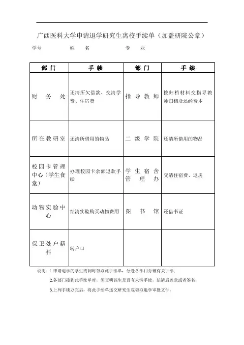 广西医科大学申请退学研究生离校手续单