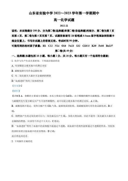 山东省实验中学2022-2023学年高一上学期11月期中考试化学试题(解析版)