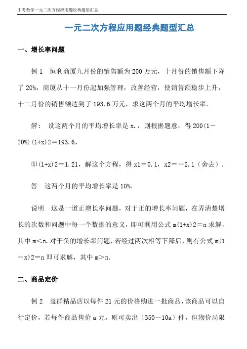 中考数学一元二次方程应用题经典题型汇总