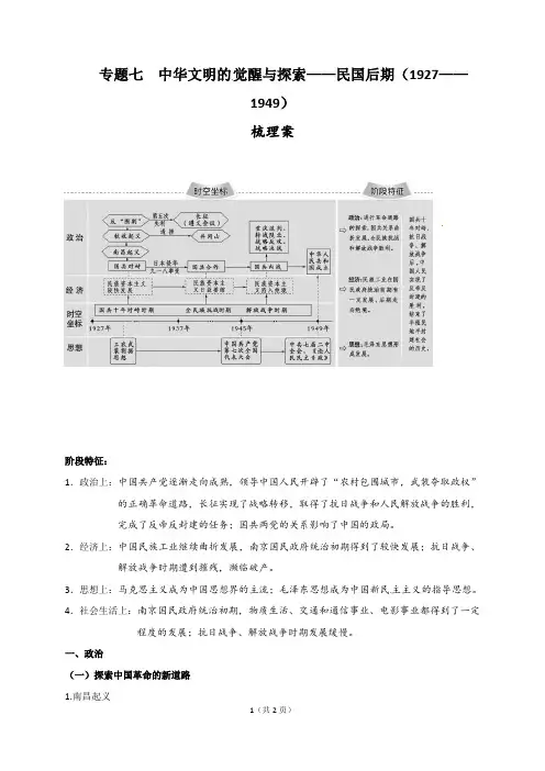 专题七中华文明的觉醒与探索——民国后期（1927——1949）梳理案-山东省昌乐县第二中学高考历史二轮复习