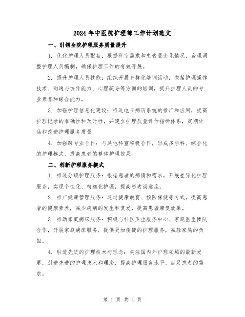 2024年中医院护理部工作计划范文(2篇)