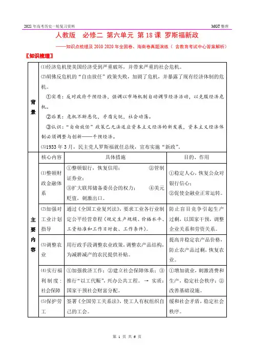 人教版 高中历史 必修二 第六单元 第18课 罗斯福新政 知识点及真题训练