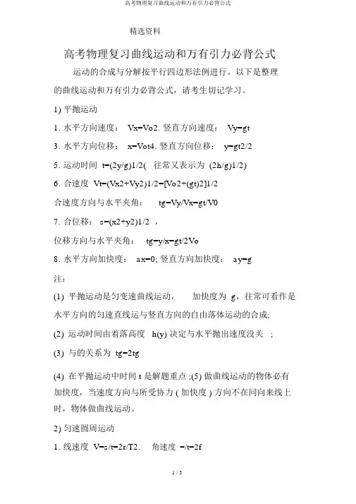 高考物理复习曲线运动和万有引力必背公式