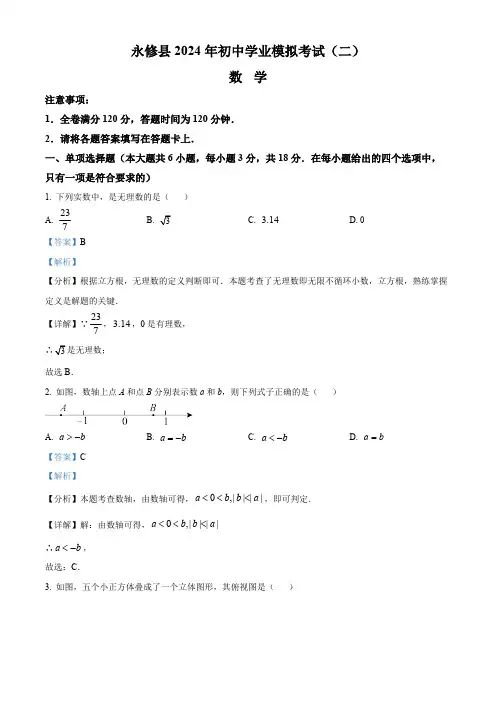 江西省九江市永修县2023-2024学年中考二模数学试题(解析版)