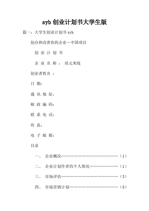 syb创业计划书大学生版