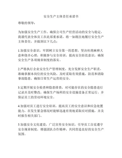安全生产主体责任承诺书