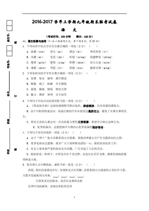2016-2017学年上学期九年级期末联考试卷