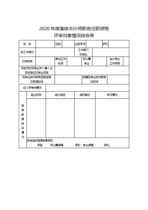 2020年度高级会计师职务任职资格评审对象情况综合表【模板】