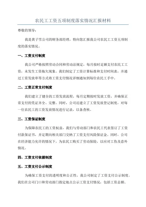 农民工工资五项制度落实情况汇报材料
