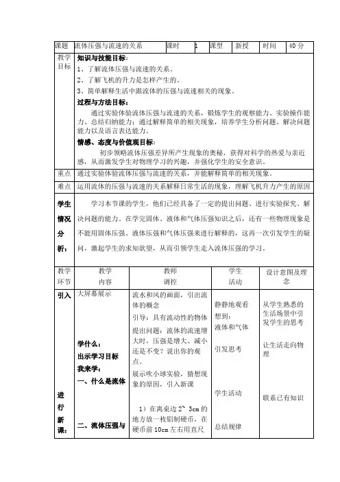 人教版初中物理八年级下册 第4节 流体压强与流速的关系 初中八年级下册物理教案教学设计课后反思人教版